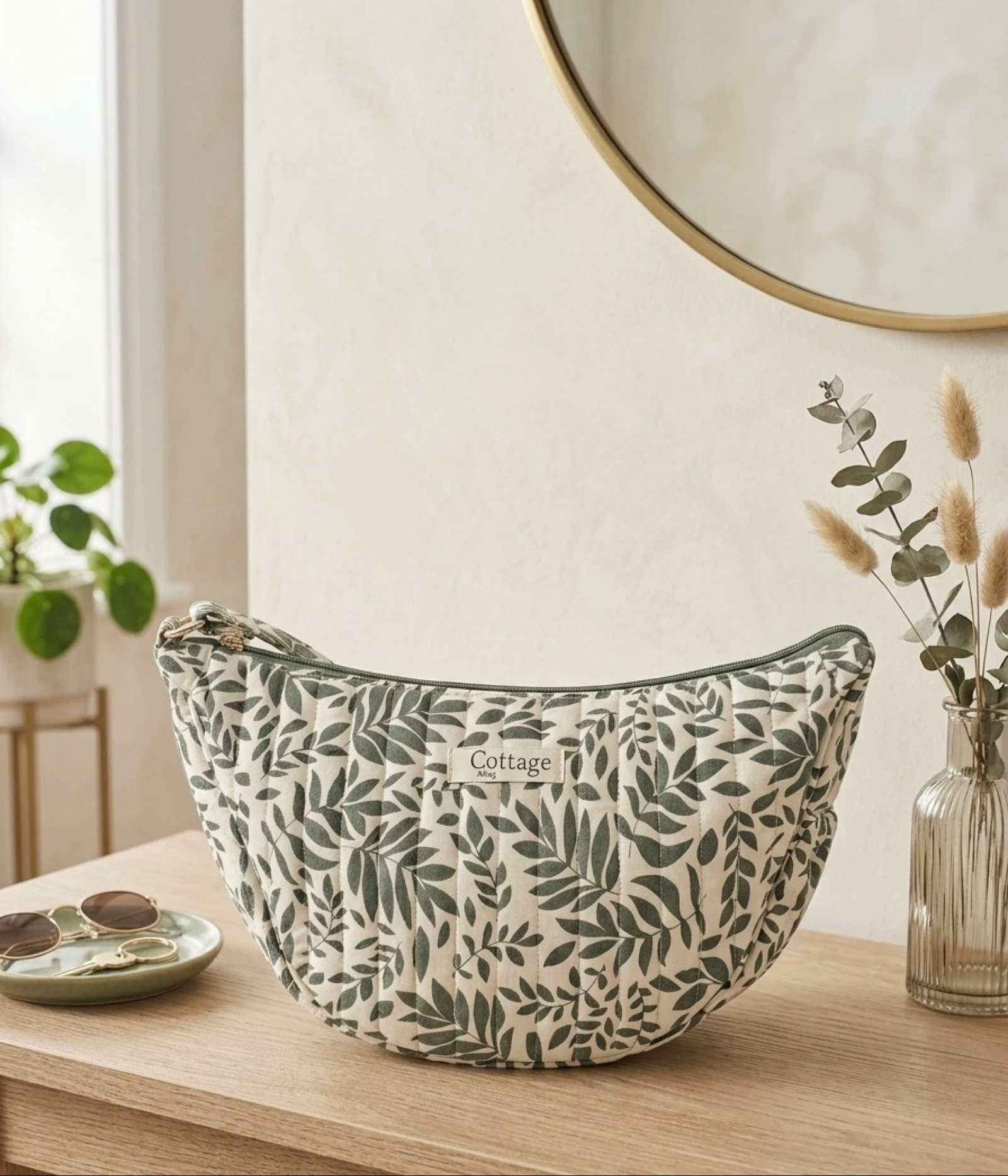 Sac Lune 100% Coton Matelassé Collection Cottage & Bag / Modèle Grandes Fleurs Vert Foncé 